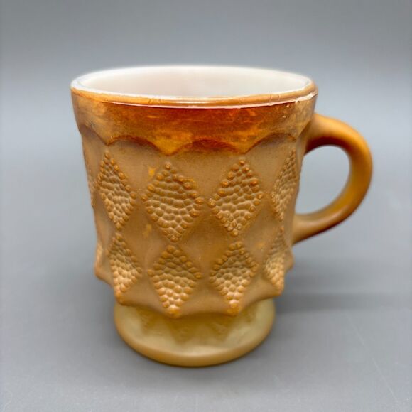 Fire-King Kimberly Brown Diamond Pattern Milk Glass Mug Anchor Hocking 1960s - Picture 1 of 9